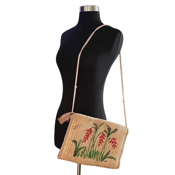 Vintage 70s double sided art straw handbag hand painted floral pastel - Picture 3 of 16